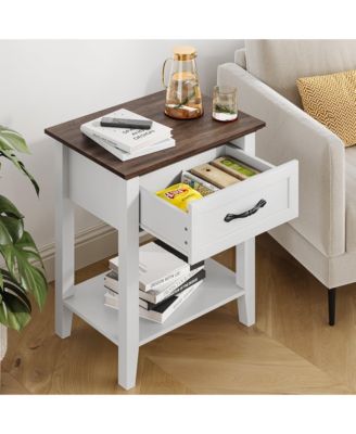 Wood Bedside Table With 1 Drawer and Open Storage Shelf, Industrial Side Table