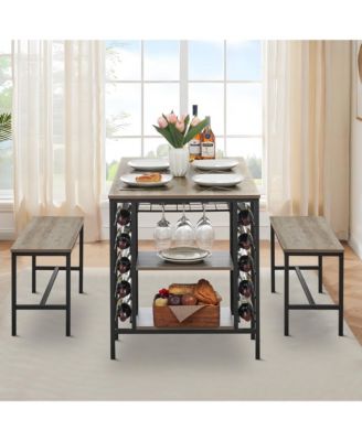 4-Pc. Wood Dining Table Set with Wine Rack and Storage Shelves