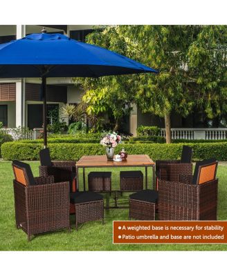 9 PCS Patio Rattan Dining Set Cushioned Chairs Ottoman Wood Table Top