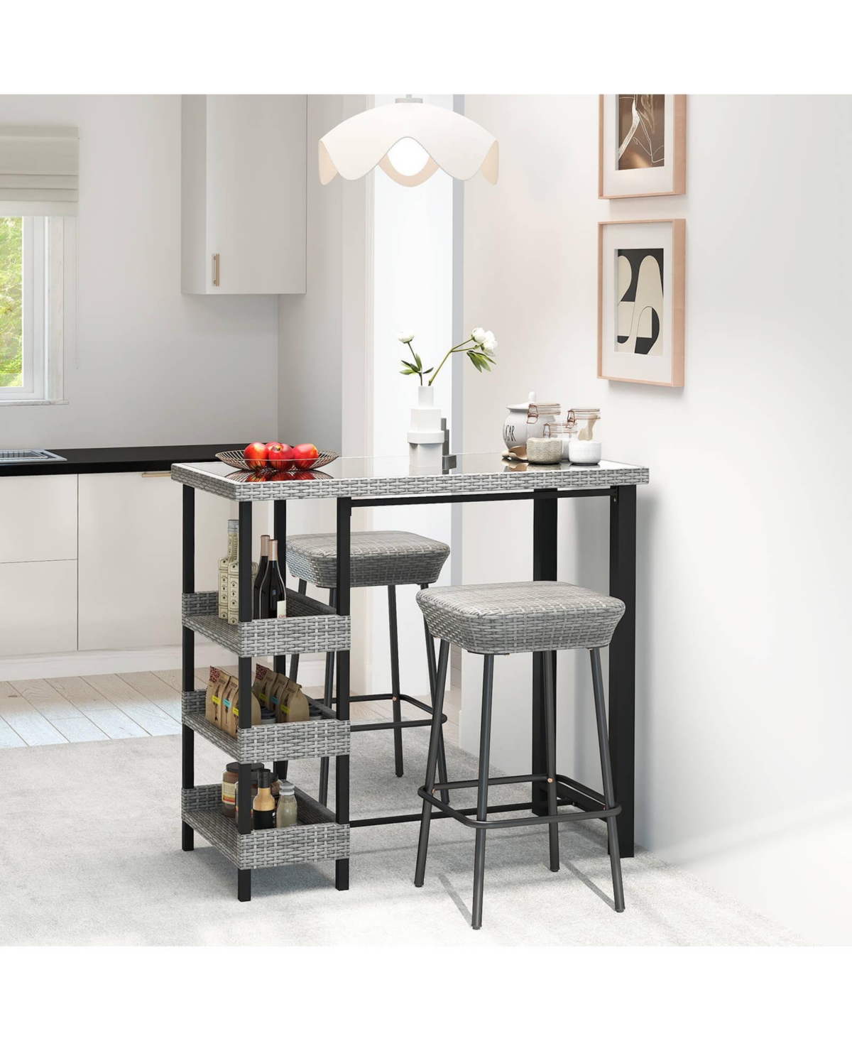 43.5" Outdoor Bar Table with Tempered Glass Top & 3 Rattan Shelves Storage