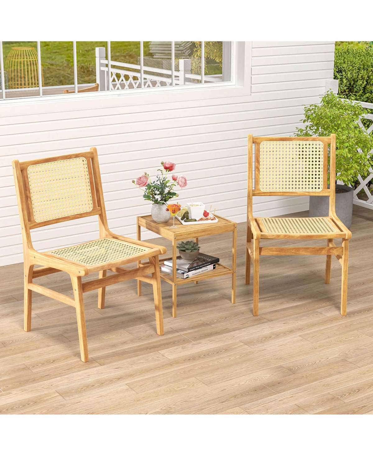 2 Pcs Rattan Dining Chair with Natural Cane Woven Backrest & Seat & Teak Wood Frame