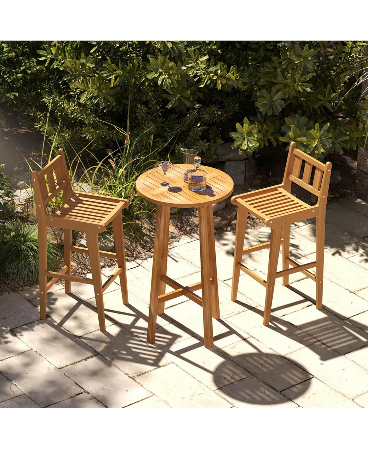 2 Pcs 30" Teak Wood Bar Stool with Footrest & Backrest Wooden Bar Height Chair