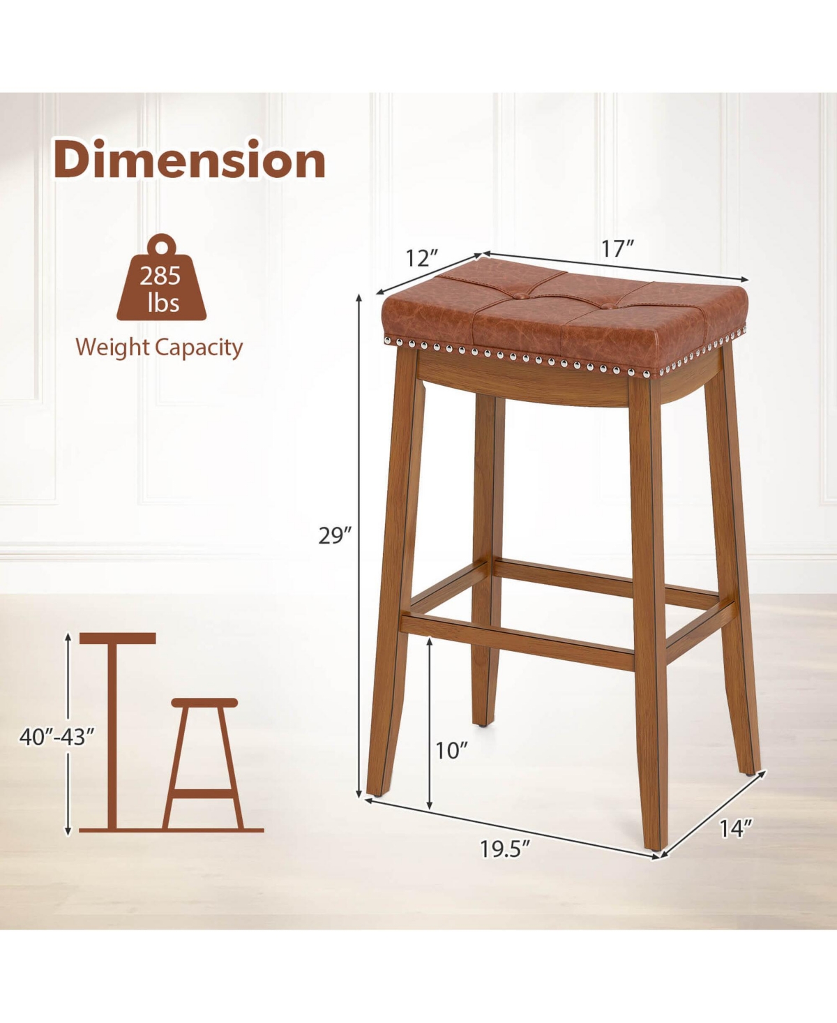 29" Bar Height Stools Set of with Pu Leather Seat Solid Rubber Wood Frame