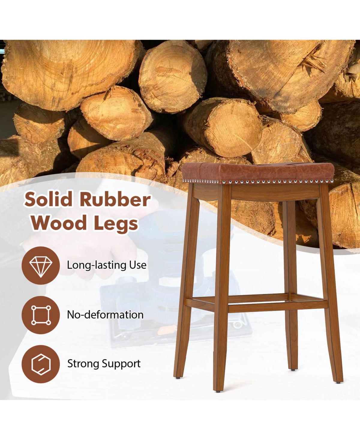 29" Bar Height Stools Set of with Pu Leather Seat Solid Rubber Wood Frame