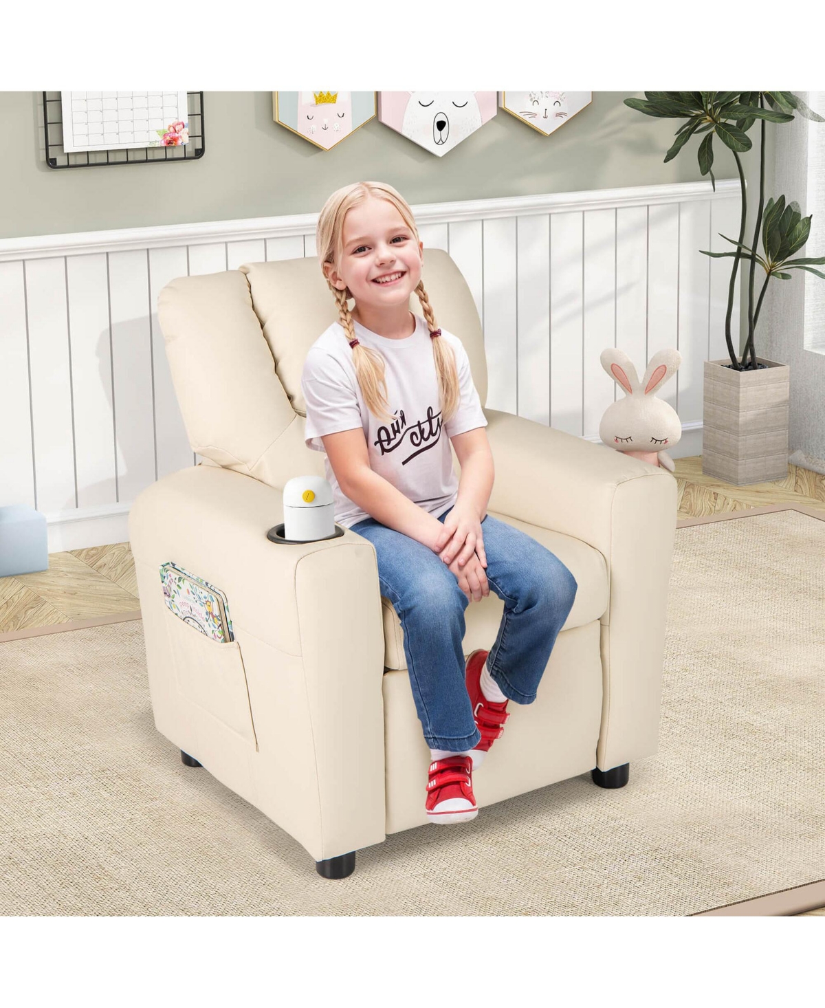 Kids Recliner Chair Pu Leather Armrest Sofa w/Footrest Cup Holder