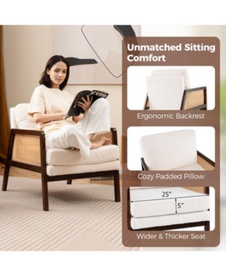 Mid Century Modern Accent Chair Living Room Armchair with Rattan Arms Wooden Frame