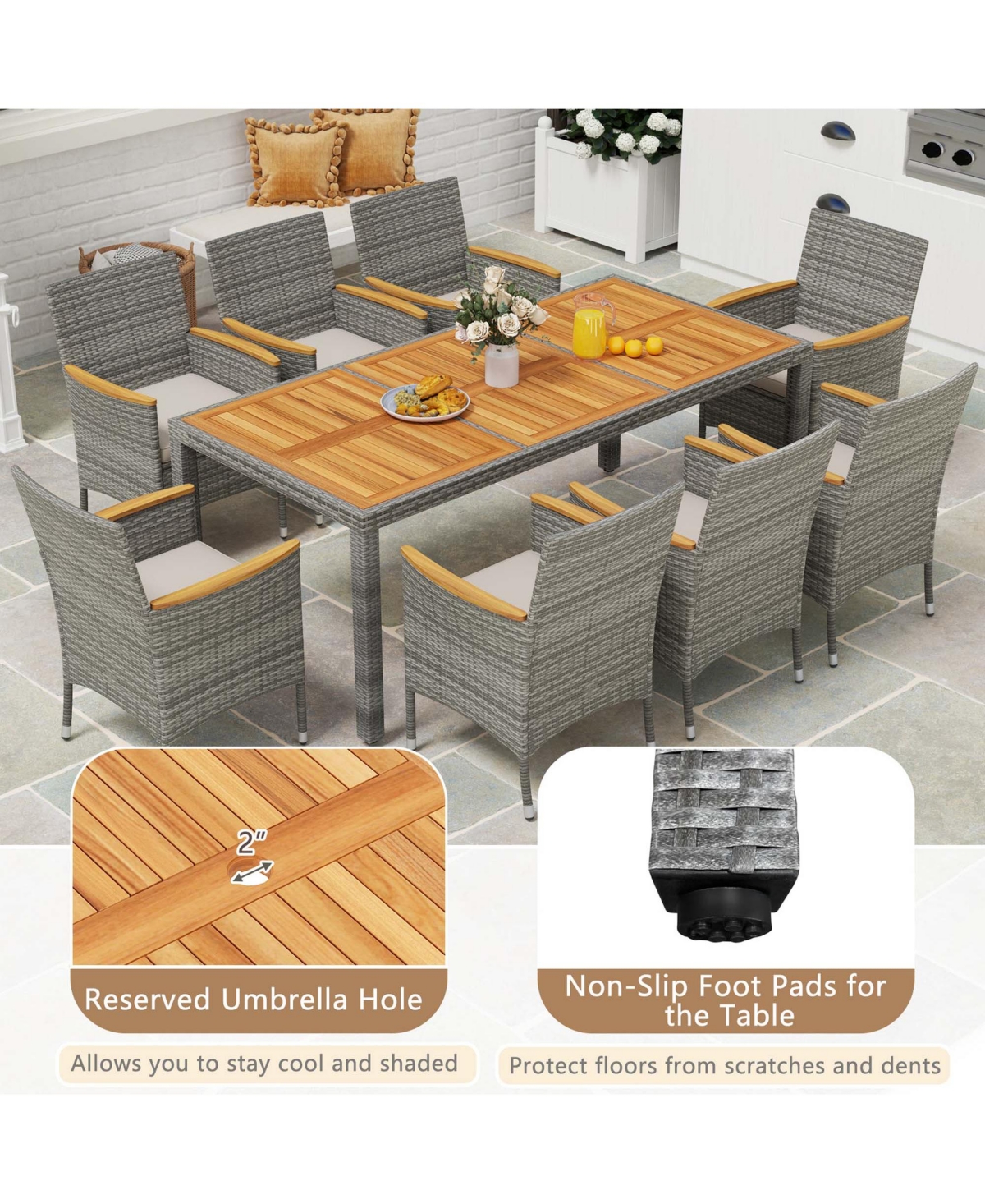 9 Pcs Patio Dining Set for 8 Table and Pe Rattan Chairs with 2"