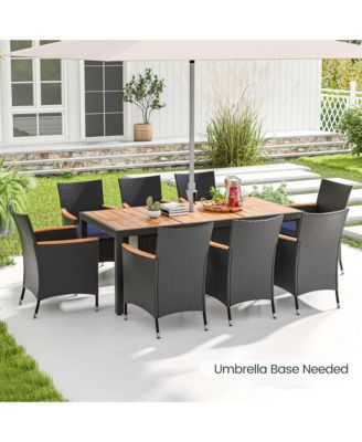 9 PCS Outdoor Dining Set with Acacia Wood Tabletop, Umbrella Hole, Seat Cushions