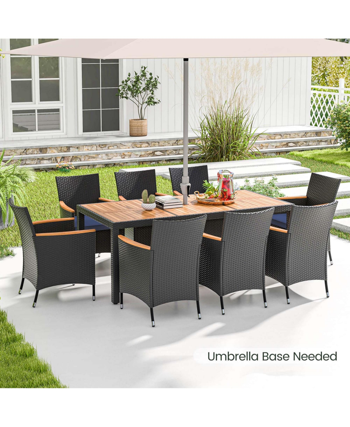 Costway 9 Pcs Outdoor Dining Set with Acacia Wood Tabletop, Umbrella Hole, Seat Cushions