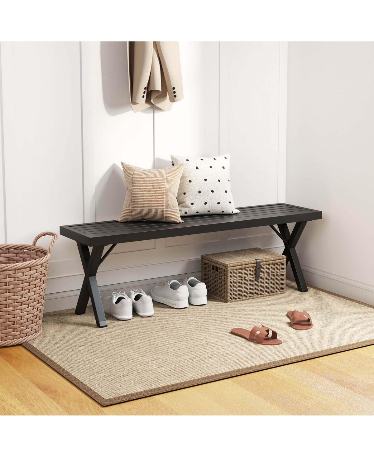 Pcs 54" Patio Metal Bench with Slatted Seat & X Legs Backless Loveseat for Yard