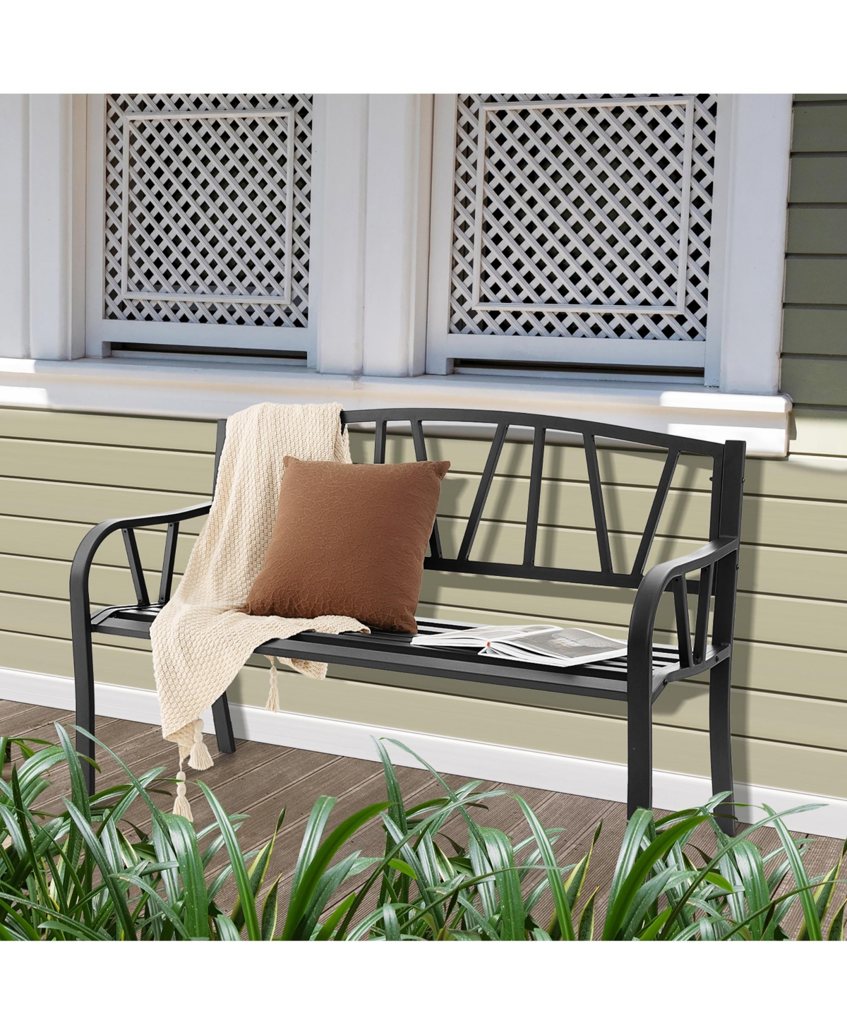 Outdoor Patio Garden Bench Metal Frame with Ergonomic Armrest 660 Lbs Max Load