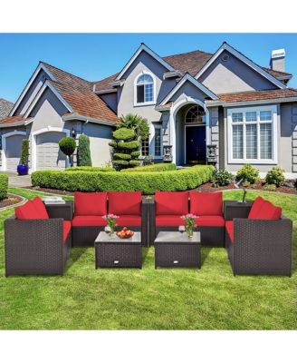 8PCS Outdoor Patio Rattan Furniture Set Cushioned Loveseat Storage Table Red