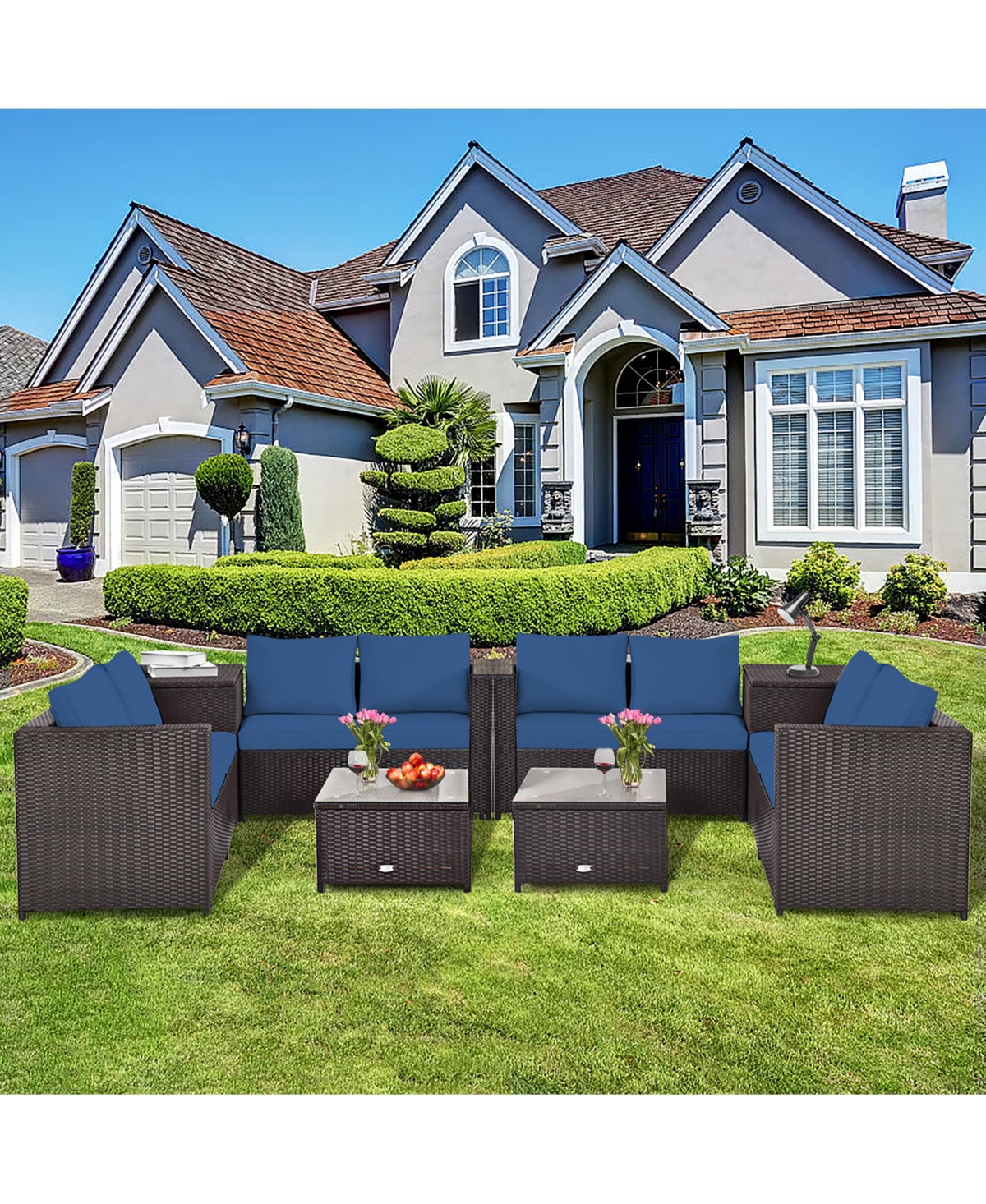8PCS Outdoor Patio Rattan Furniture Set Cushioned Loveseat Storage Table Navy