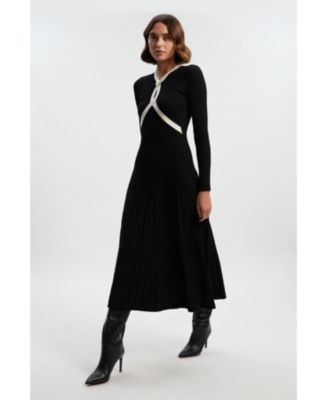 Women's Rib Knit Trim Full Skirt Midi Dress