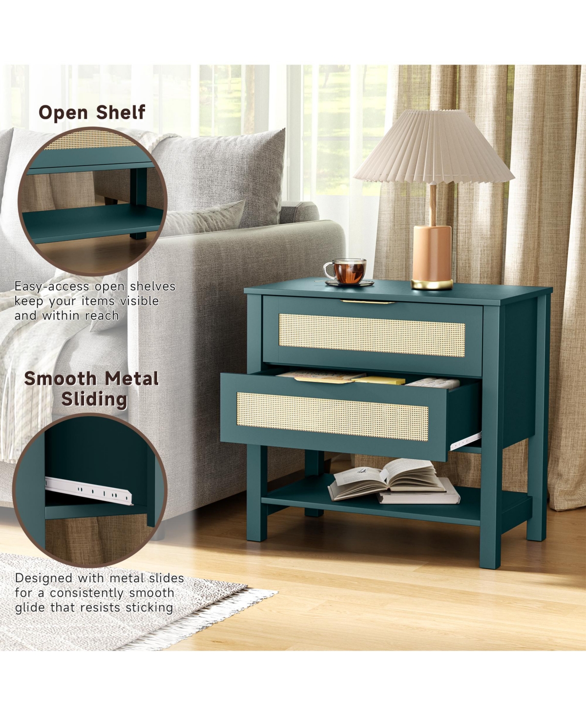 Rainsken Rattan Nightstand with 2 Drawers, Open Shelf & Handles for Bedroom or Living Room