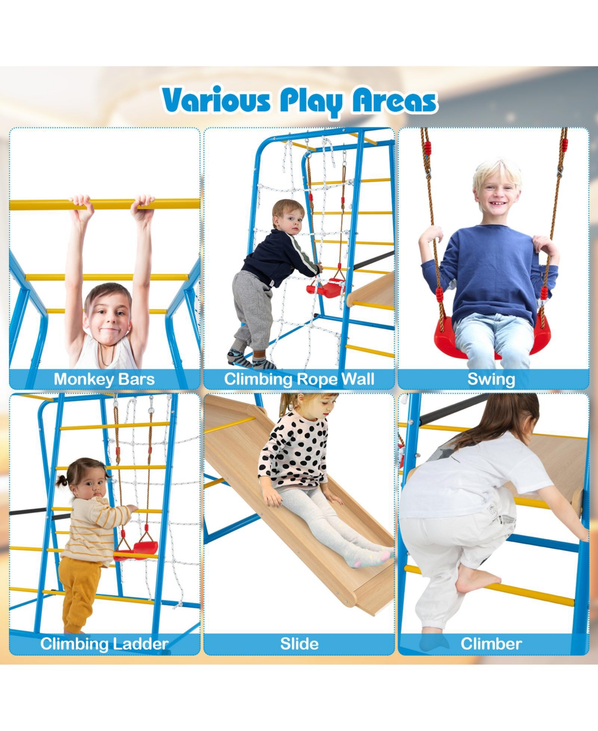 Mecale 6-in-1 Indoor Jungle Gym with Slide for Kids, Ages 3