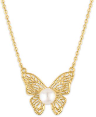 Cultured Freshwater Pearl (6mm) Butterfly Necklace in 14k Gold Over Sterling Silver