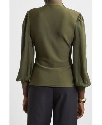 Women's Zip Detail Chiffon Sleeve Knit Top