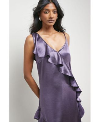 Women's Metallic Satin Ruffle Midi Slip Dress