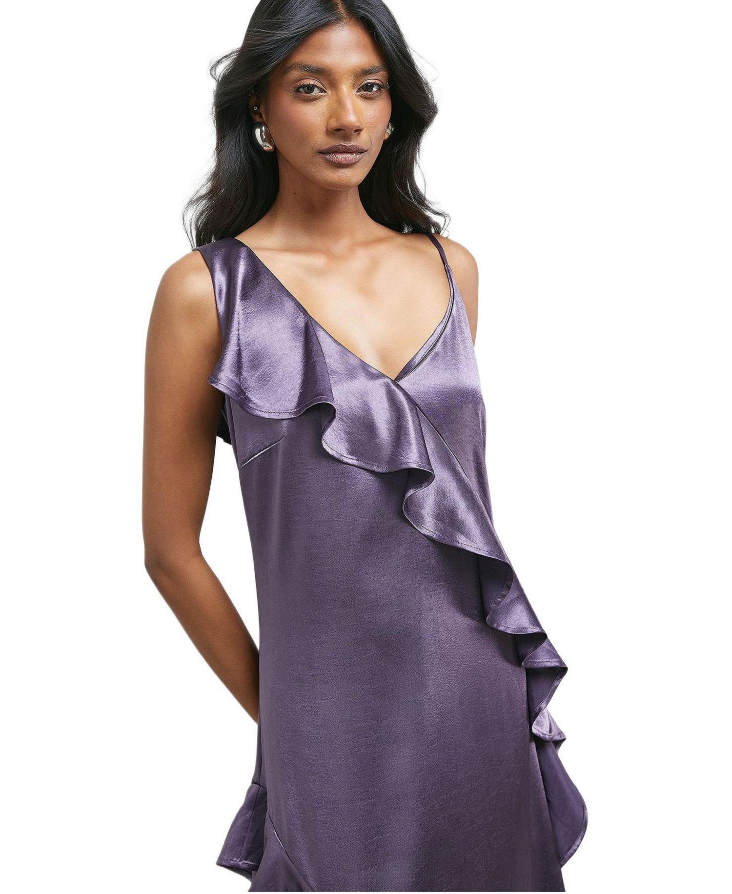 Women's Metallic Satin Ruffle Midi Slip Dress