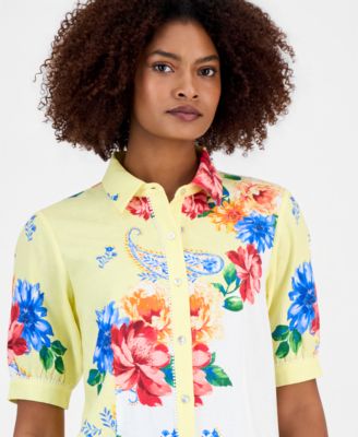 Women's Button-Front Puff-Sleeve Blouse