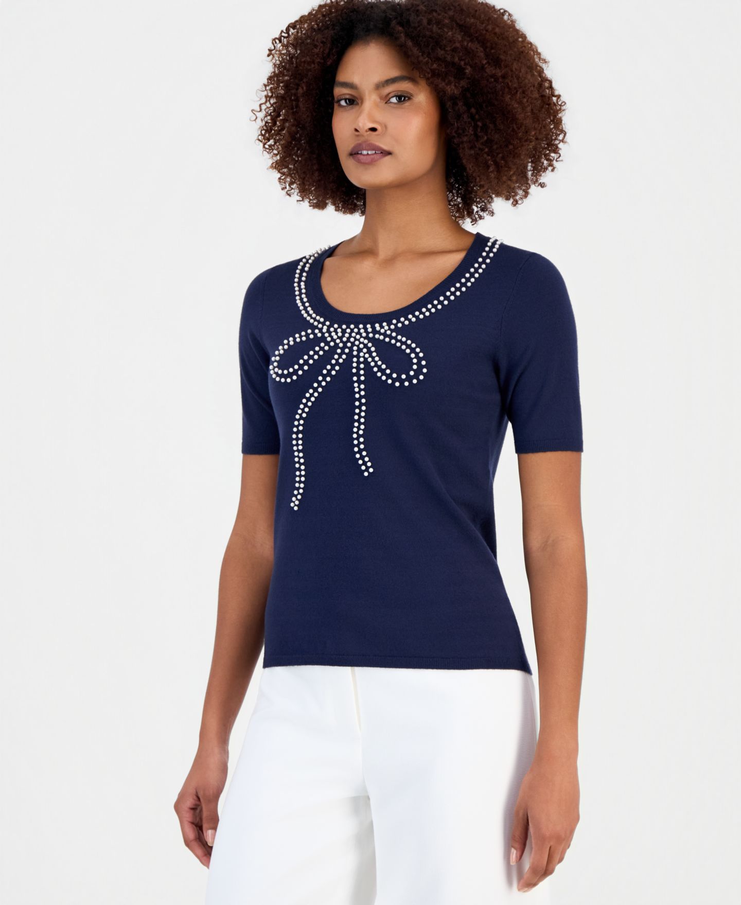 Женский топ T Tahari Embellished-Bow Scoop-Neck, цвет: Тёмно-синий — фото 1