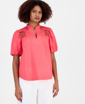 Women's Split-Neck Lace-Yoke Puff-Sleeve Top