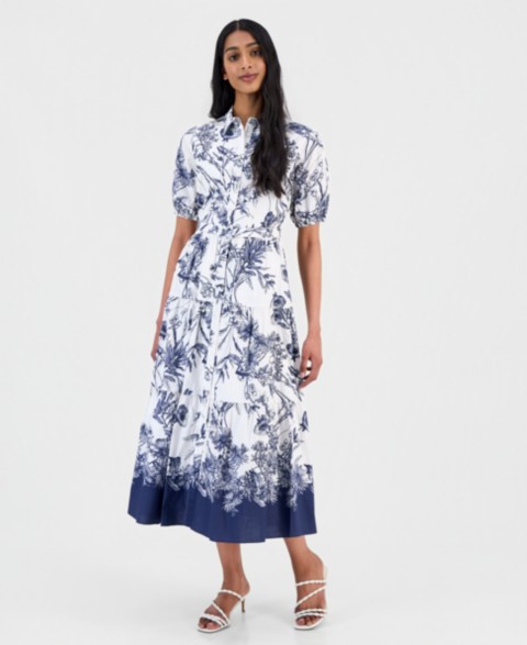 Женские платья T Tahari Women's Printed Puff-Sleeve Shirtdress
