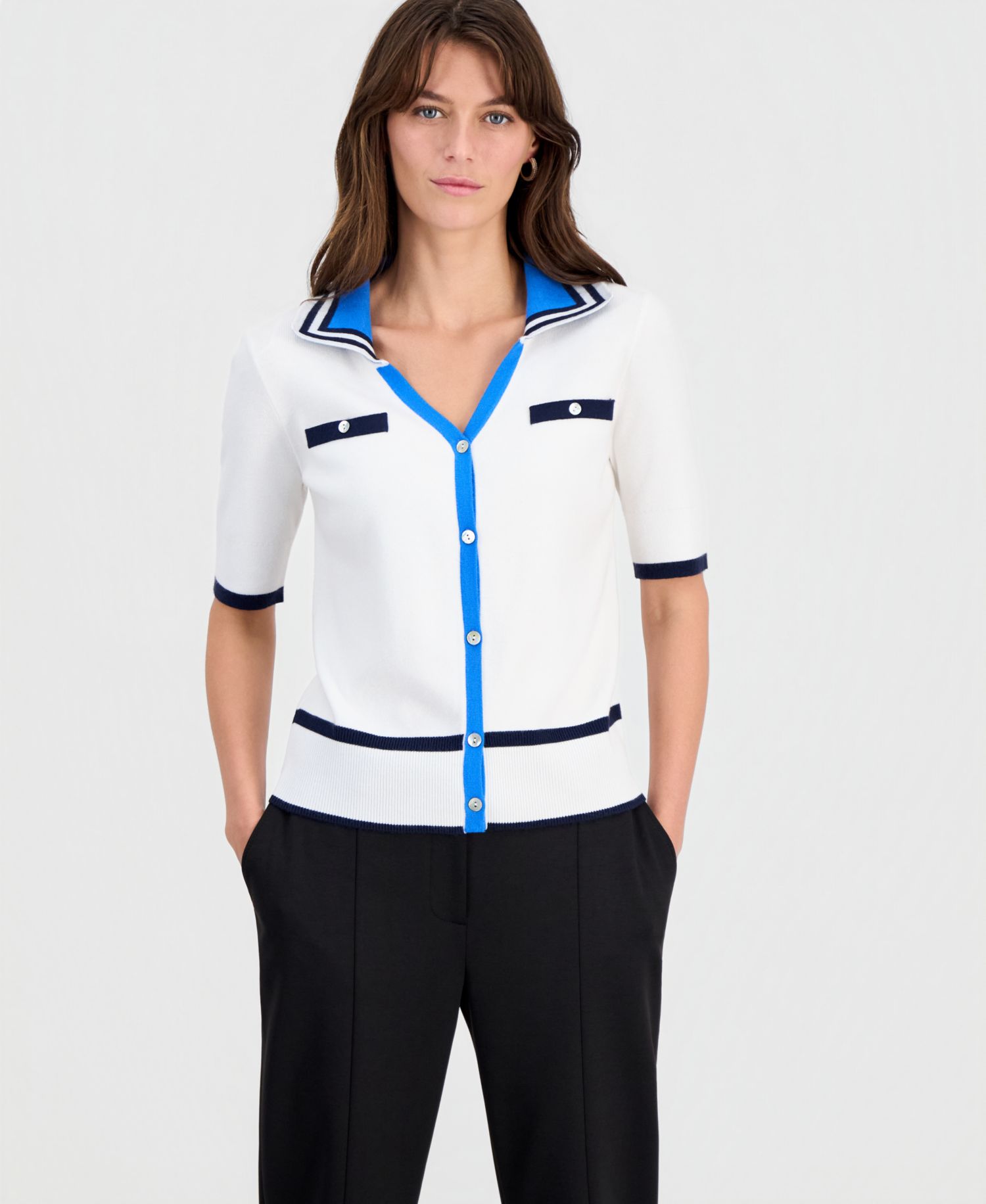Women's Contrast-Trim Johnny Collar Pullover Top