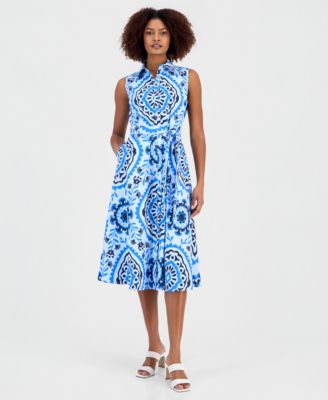 Women's Printed Sleeveless Belted Shirtdress