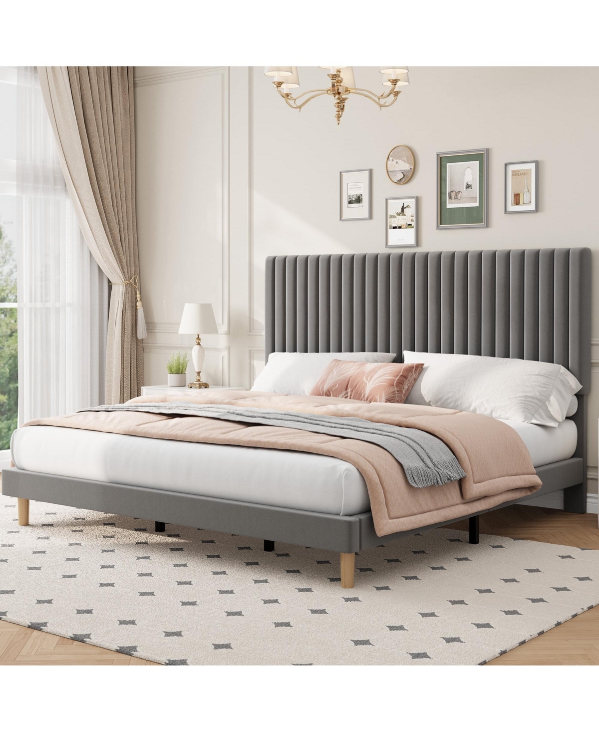 gaomon Upholstered Platform Velvet Bed Frame with Headboard,Strong Wooden Slats Support