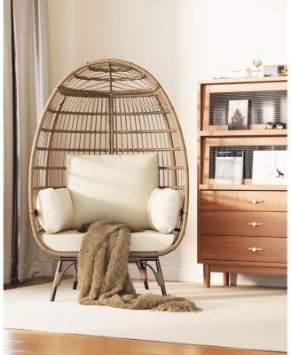Oversized Rattan Egg Chair, Indoor/Outdoor Wicker Egg Basket Lounge with Steel Frame & 4 Cushions