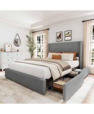 Corduroy Wingback Upholstered Platform Bed Frame with Storage Drawers, Wood Slat Support