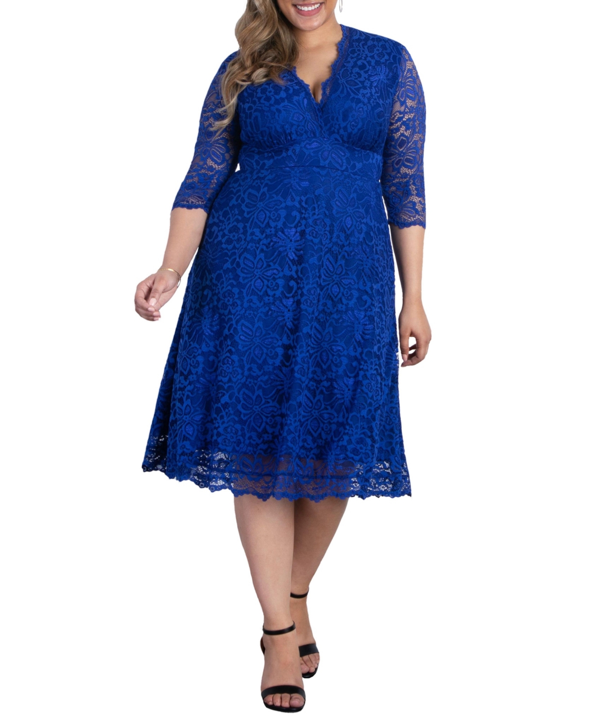 Women's Plus Size Mademoiselle Lace Cocktail Dress with Sleeves - Sapphire