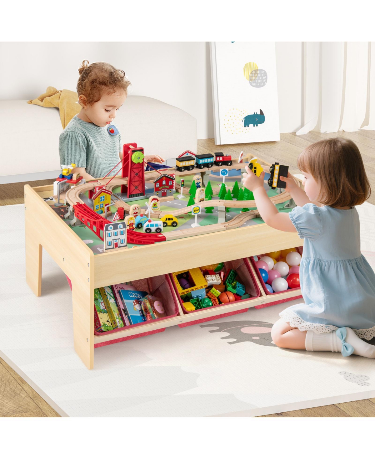 Mecale Wooden Train Table Activity Play Table with 2 Reversible Tabletops