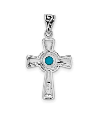925 Sterling Silver 18 Inch Oxidized Simulated Turquoise Religious Faith Cross Necklace