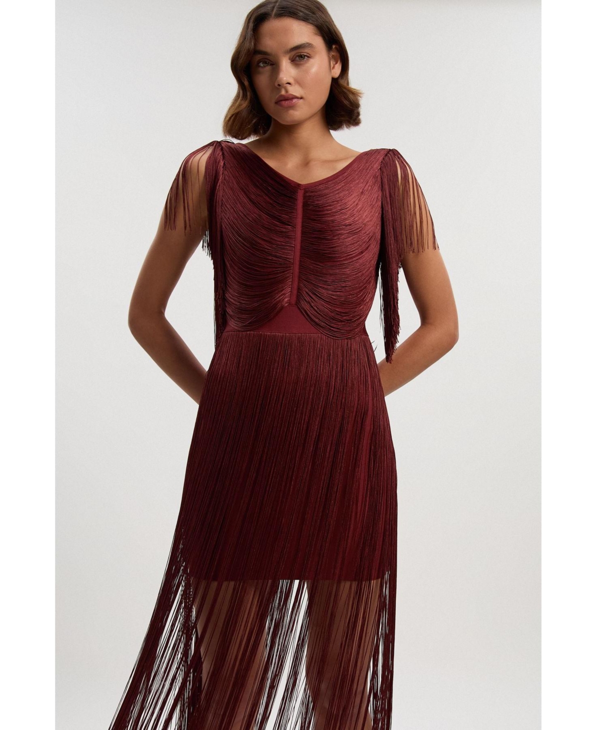 Karen Millen Women's Maxi Draped Fringe Knitted Mini Dress