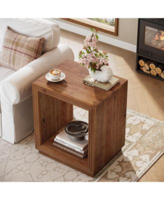 Solid Wood Side Table, Wooden End Table with 2-Tier Storage Shelf, Farmhouse Small Nightstand