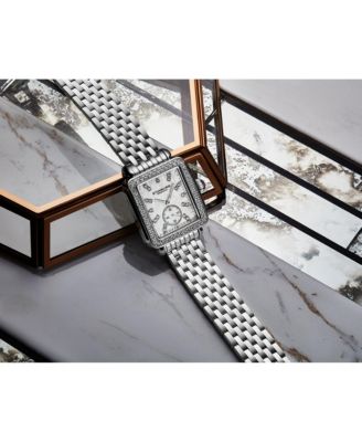 Women s 4090 34mm Crystal-Accented Rectangular Stainless Steel Bracelet Watch with Mother-of-Pearl Dial