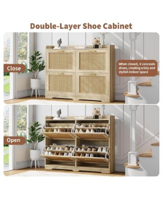 Rattan Shoe Storage Cabinet with 4 Flip Drawers, Hidden Shoe Storage Organizer Cabinet, Wide Freestanding Wood Breathable Shoe Rack Cabinet