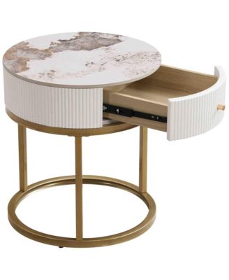 Marble Round Nightstand, Modern End Table with Drawer and Gold Metal Frame, Bedside Storage Table for Living Room Bedroom