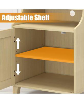 Wood Nightstand with Charging Station, Bedside Table with Rattan Door and Adjustable Shelf, Farmhouse Side Table for Bedroom