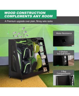 Golf Bag Storage Rack - Wooden Golf Clubs Organizer Fit 3 Golf Bags and Other Golfing Equipment Accessories for Garage, Club, Basement