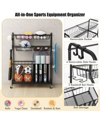 Garage Sports Equipment Organizer w/ Wheels Hooks & Baskets for Basketball