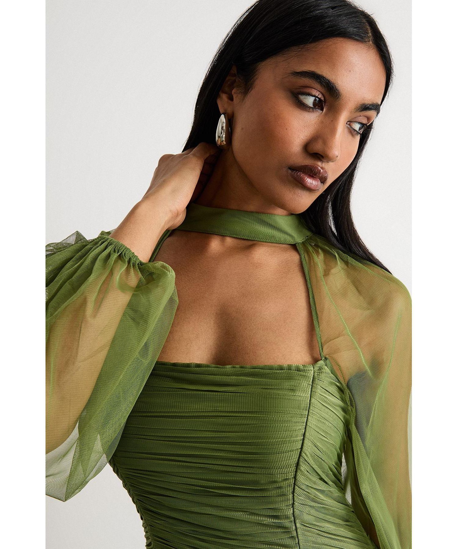 Women's Bow Detail Gathered Tulle Maxi Dress