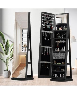 360° Swivel Lockable Rattan Jewelry Cabinet with Full Length Mirror and Display Shelves