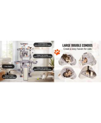 Light Grey Indoor Cat Tower, 68.5" with Condos, Scratching Posts, Hammocks & Ramp, Pet Furniture