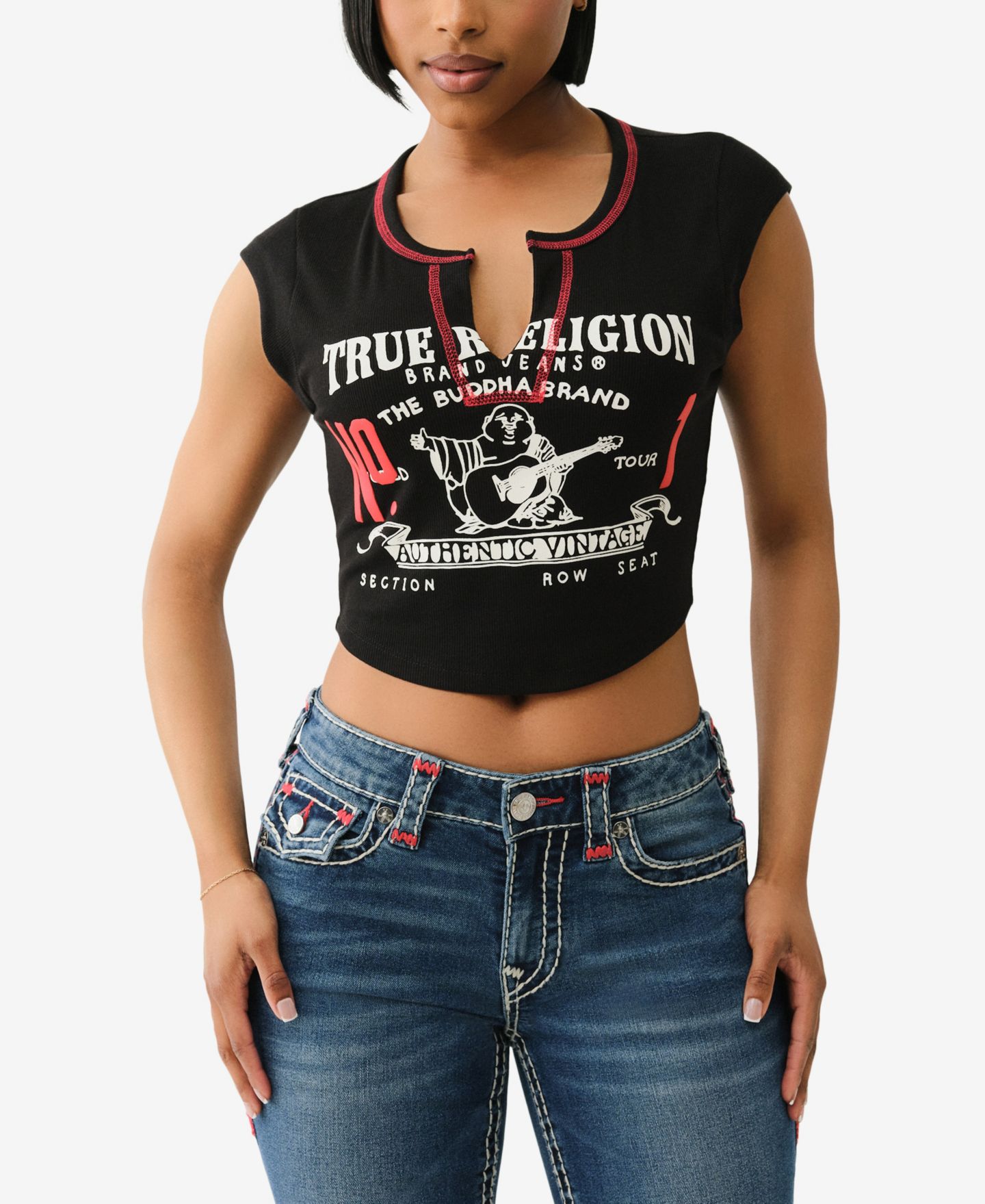 Женская футболка True Religion Contrast Stitch Buddha V-Notch, цвет: Угольно-чёрный — фото 2