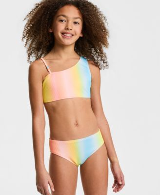 Girls' 7-16 One-Shoulder Ombr&eacute; Stripe Swimsuit, 2-Piece Set