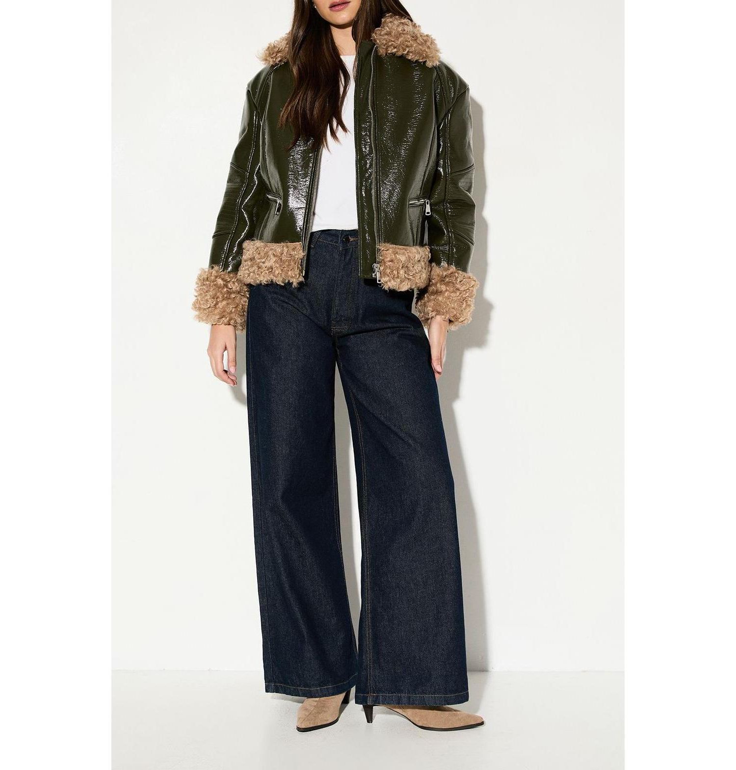 Women's Premium Faux Fur Collar Aviator Jacket
